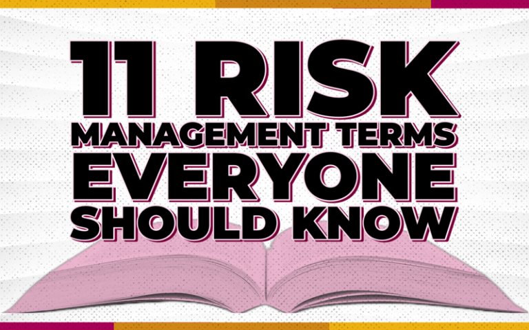 Illustration of a maroon book open, and the text "11 Risk Magement Terms Everyone Should Know"