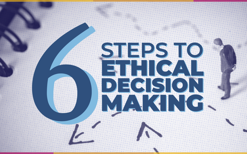 drawing of man contemplating which direction to take. 6 Steps to Ethical Decision Making is in text.