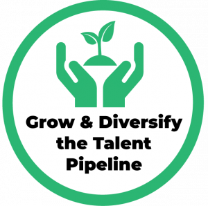 Icon with Hands & Plant with the text "Grow & Diversify the Talent Pipeline"
