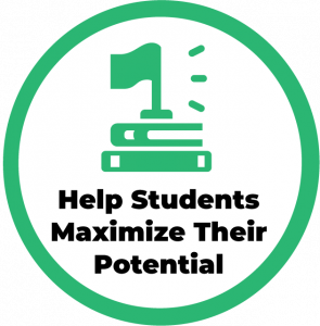 Icon with books & flag with the text "Help students maximize their potential"
