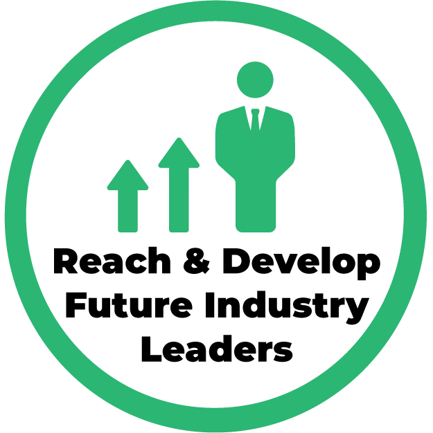 Icon with arrows pointing up and business person, showing growth, with the text "Reach & Develop future industry leaders"