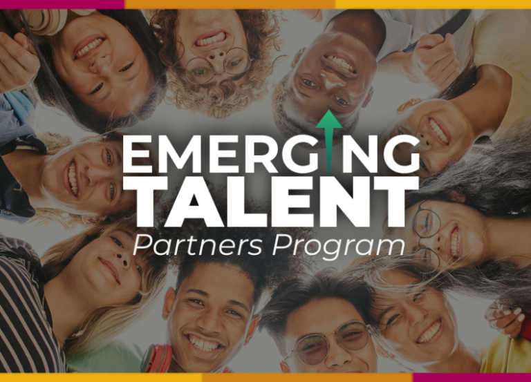 Emerging Talent Partners Program Logo and background of teens in a circle smiling at the camera.