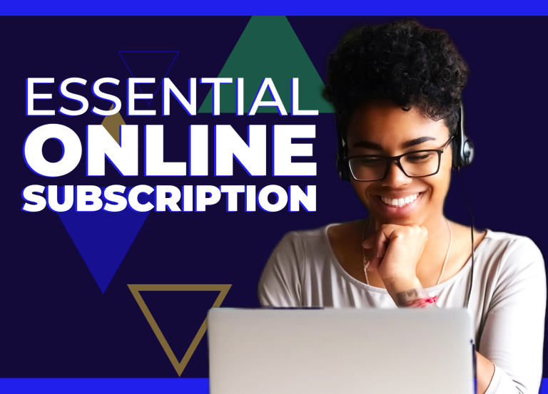 Woman smiling while working on the computer. The words Essential Online Subscription display to the left.