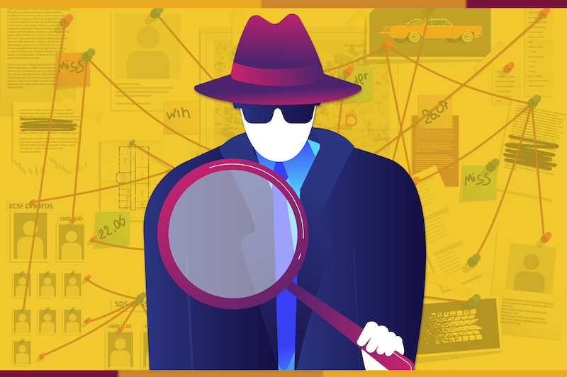 A character illustration of a detective holding a magnifying glass. A wall of evidence is posted behind the character.