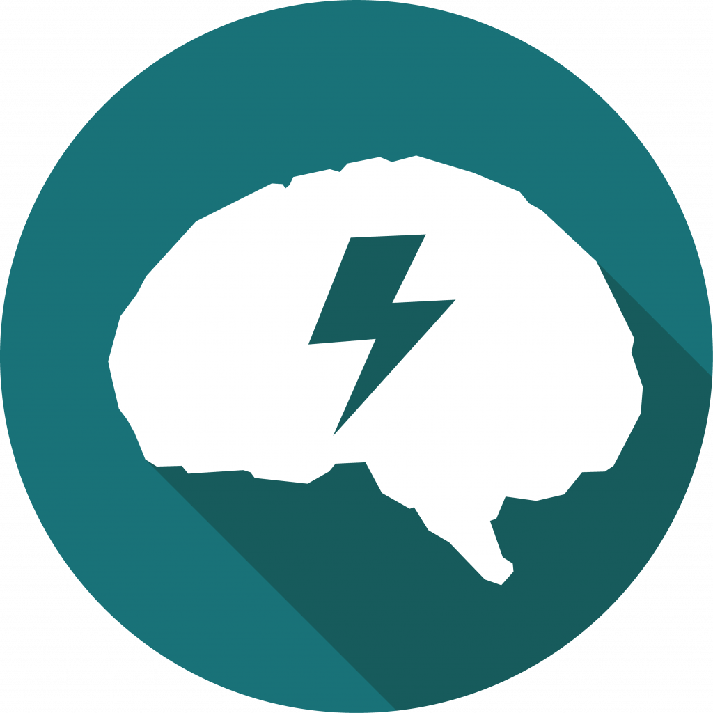 Green background icon with a white human brain profile with a green lightening bolt in the middle.