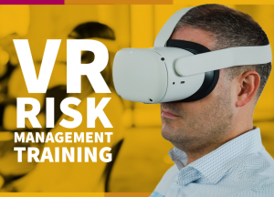 Man wearing Oculus Headset with the words VR Risk Management Training