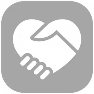Grey rounded square with white heart/hand shake icon. 