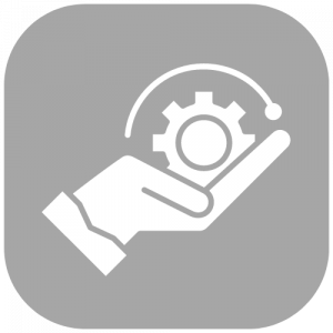 Grey rounded square with white hand icon holding a gear to visualize service. 